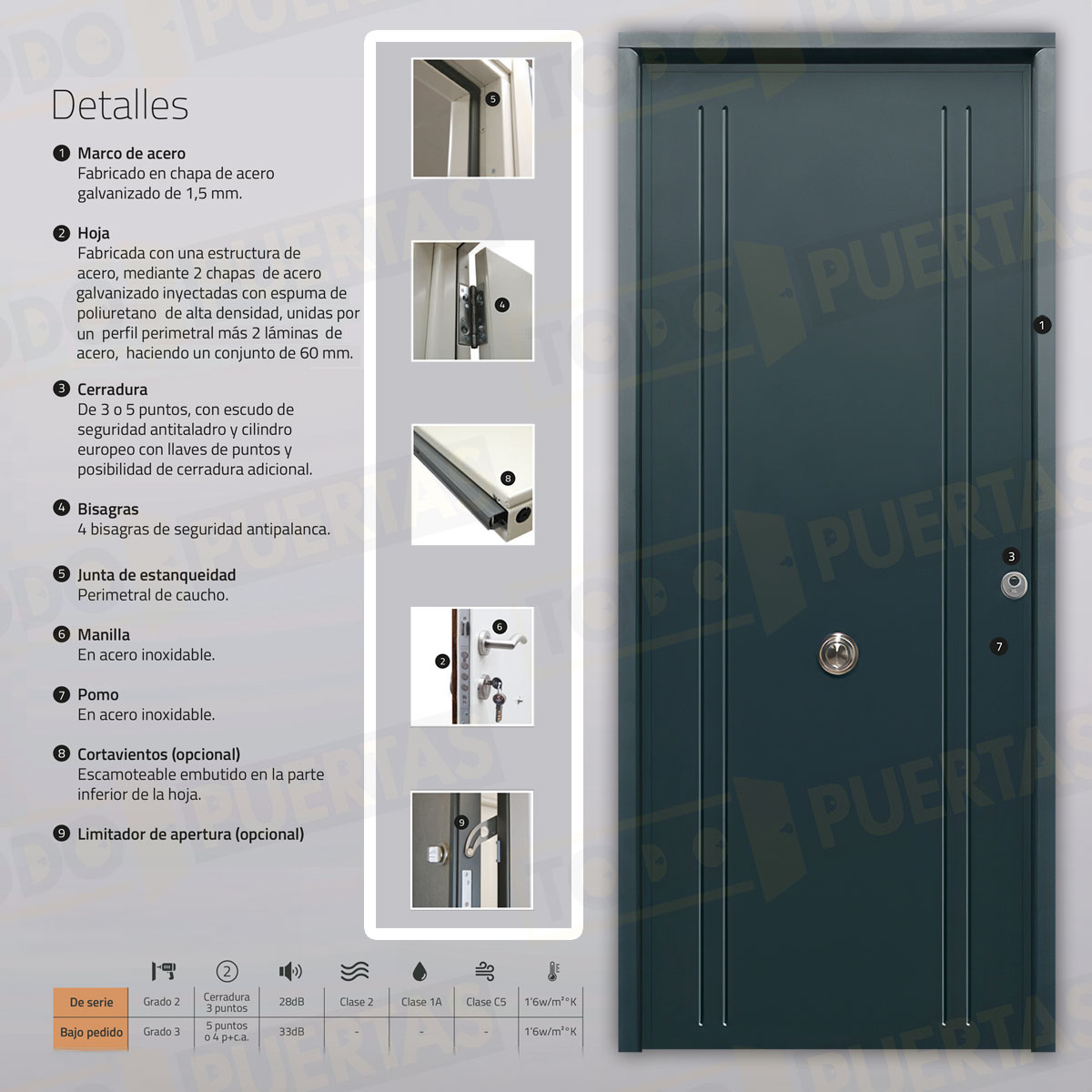 Puerta Acorazada 1150 L Sagacor 100 Gris Antracita 7016 (Dos Caras Iguales)